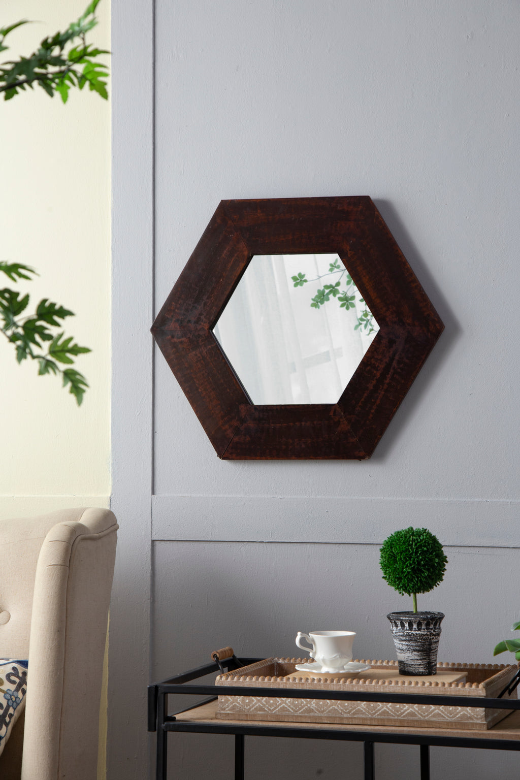 Leoglint 18.5" x 18.5" Hexagon Mirror with Solid Wood Frame, Wall Decor for Living Room Bathroom Hallway, Dark Brown