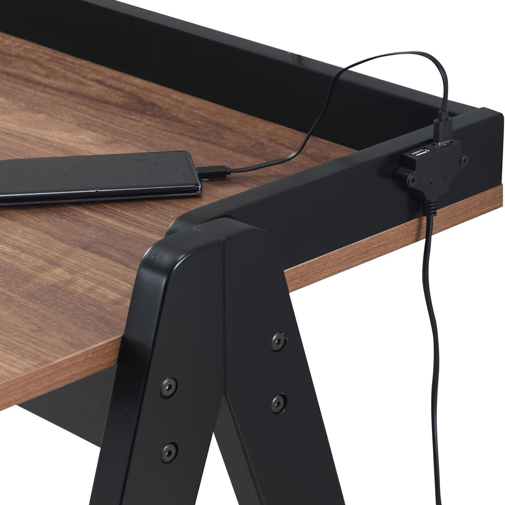 Leoglint Walnut and Black Writing Office Desk with USB Ports