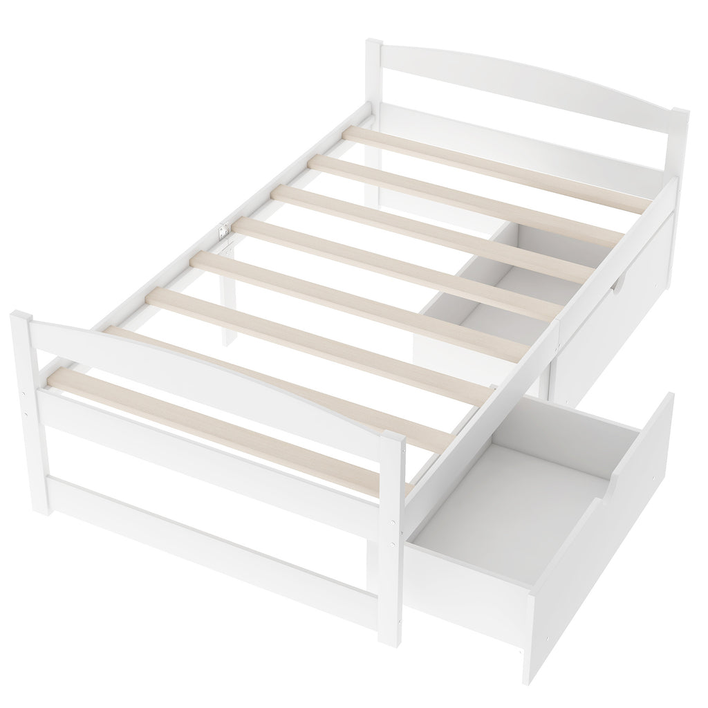 Leoglint Twin size platform bed frame, with two drawers, white