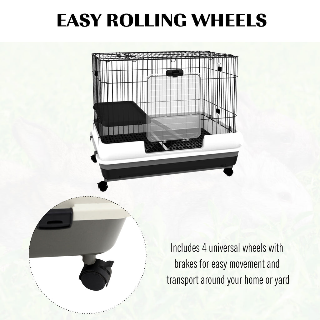 Leoglint 2-Level Small Animal Cage Rabbit Hutch with Wheels, Removable Tray, Platform and Ramp for Bunny, Chinchillas, Ferret, Black