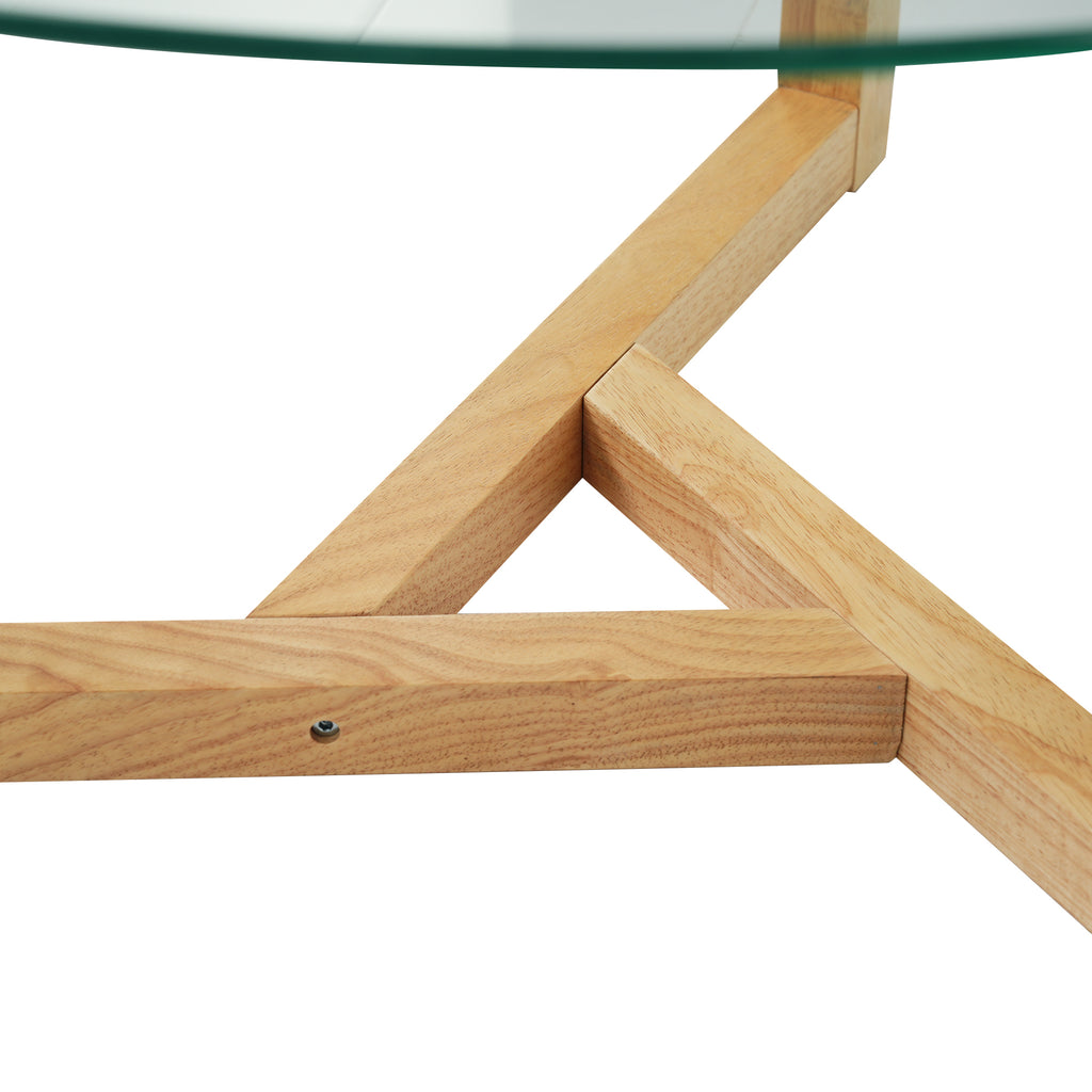 Leoglint [New Picture] ON-TREND Round Glass Coffee Table Modern Cocktail Table Easy Assembly with Tempered Glass Top & Sturdy Wood Base, Natural (OLD SKU: WF190112AAL)