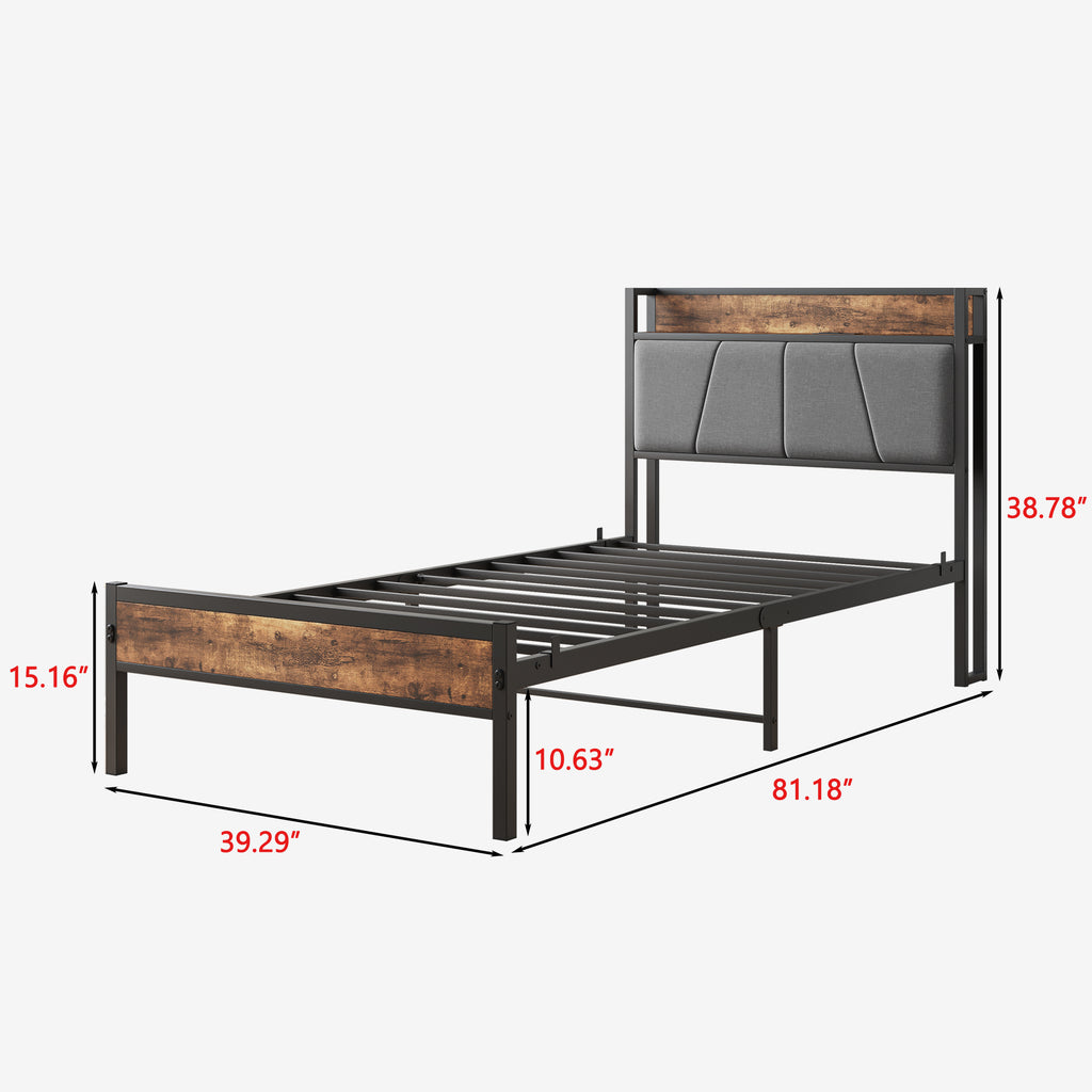 Leoglint Twin Size Bed Frame, Storage Headboard with Charging Station, Solid and Stable, Noise Free, No Box Spring Needed, Easy Assembly