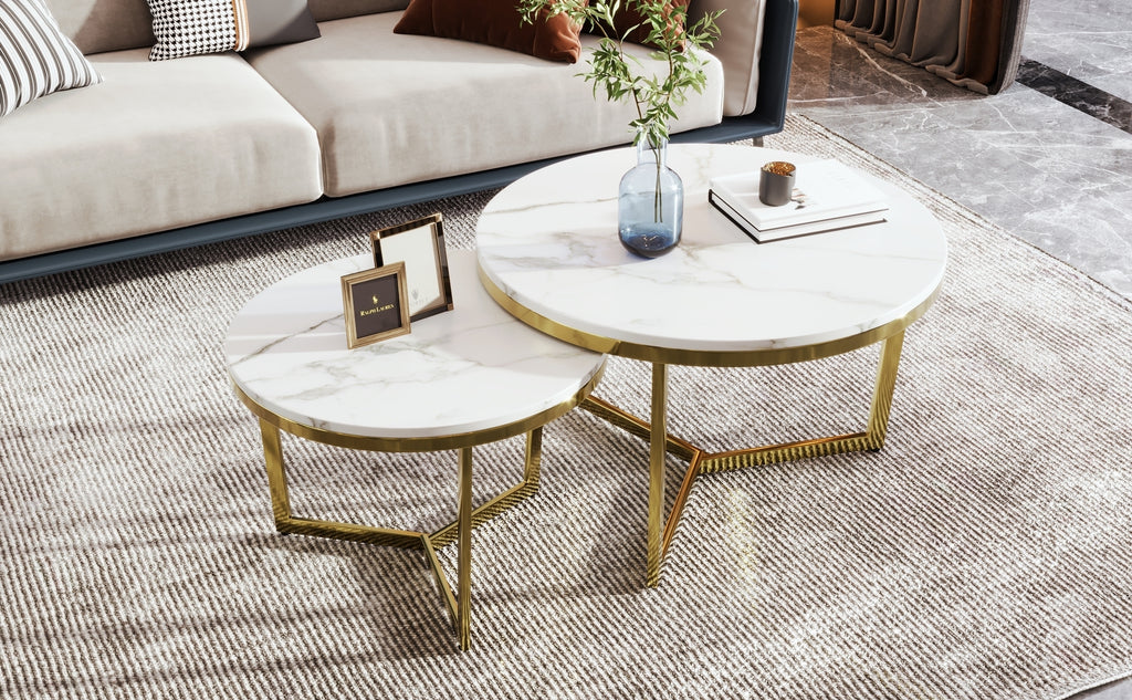 Leoglint Modern Round Nesting Coffee Table Set 2-Piece White & Marbling Top Gold Base