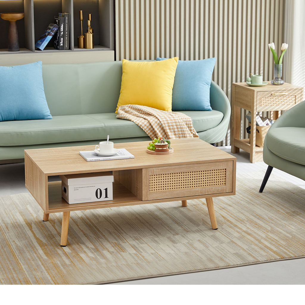 Leoglint 41.34" Rattan Coffee table, sliding door for storage, solid wood legs, Modern table  for living room , natural