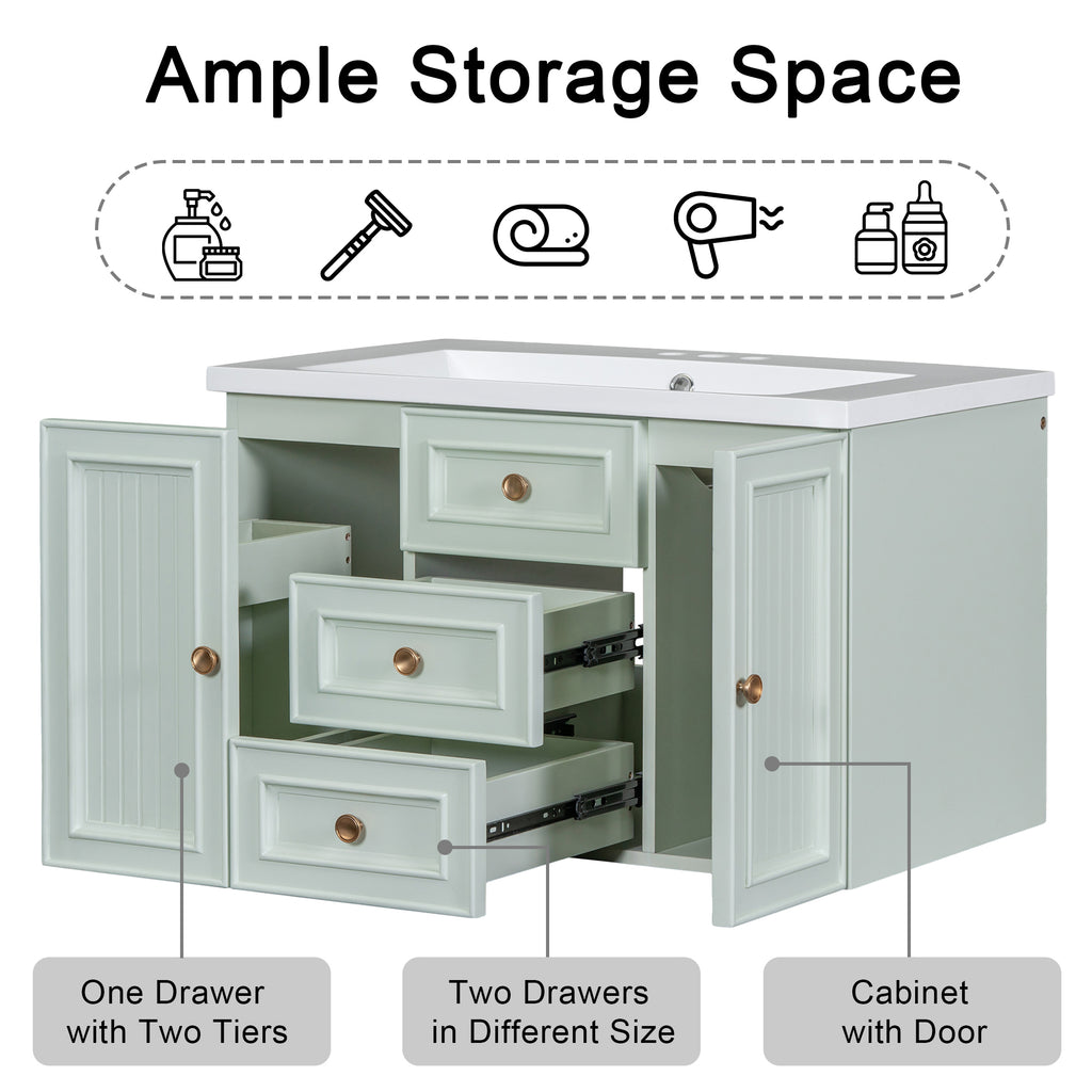 Leoglint 30" Wall Mounted Bathroom Vanity without Sink, Cabinet Base Only, Functional Drawer, Green