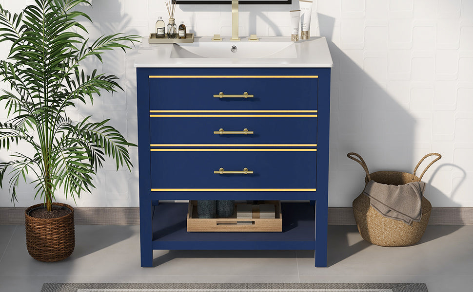 Leoglint [Viedo]Modern 30inch Navy Blue/White Bathroom Vanity Cabinet Combo with OpenStorge, Two Drawers