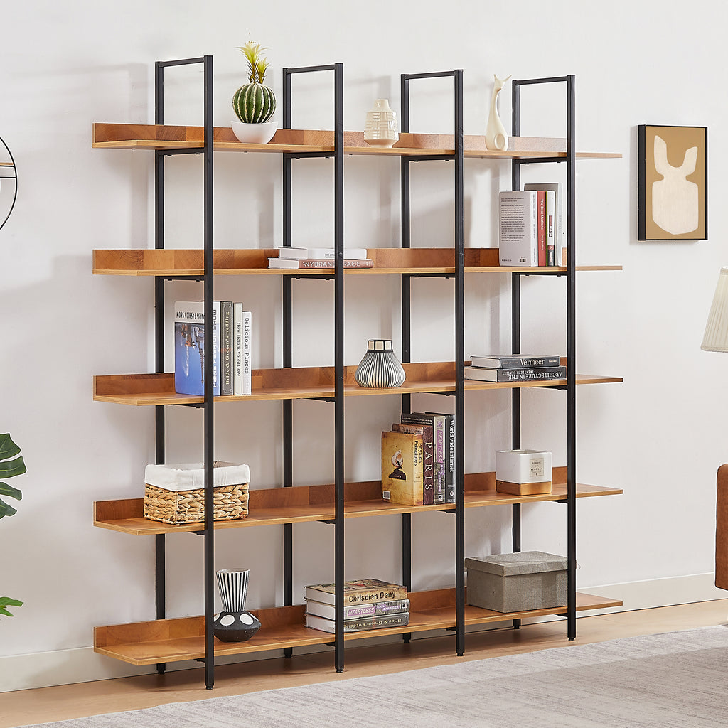 Leoglint 5 Tier Bookcase Home Office Open Bookshelf, Vintage Industrial Style Shelf, MDF Board, Black Metal Frame, Brown