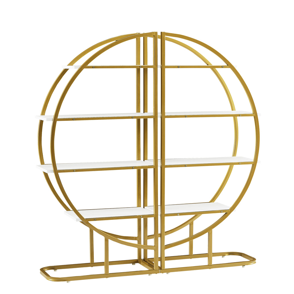 Leoglint 4 Tiers Home Office Open Bookshelf, Round Shape, Different Placement Ways, MDF Board, Gold Metal Frame, White