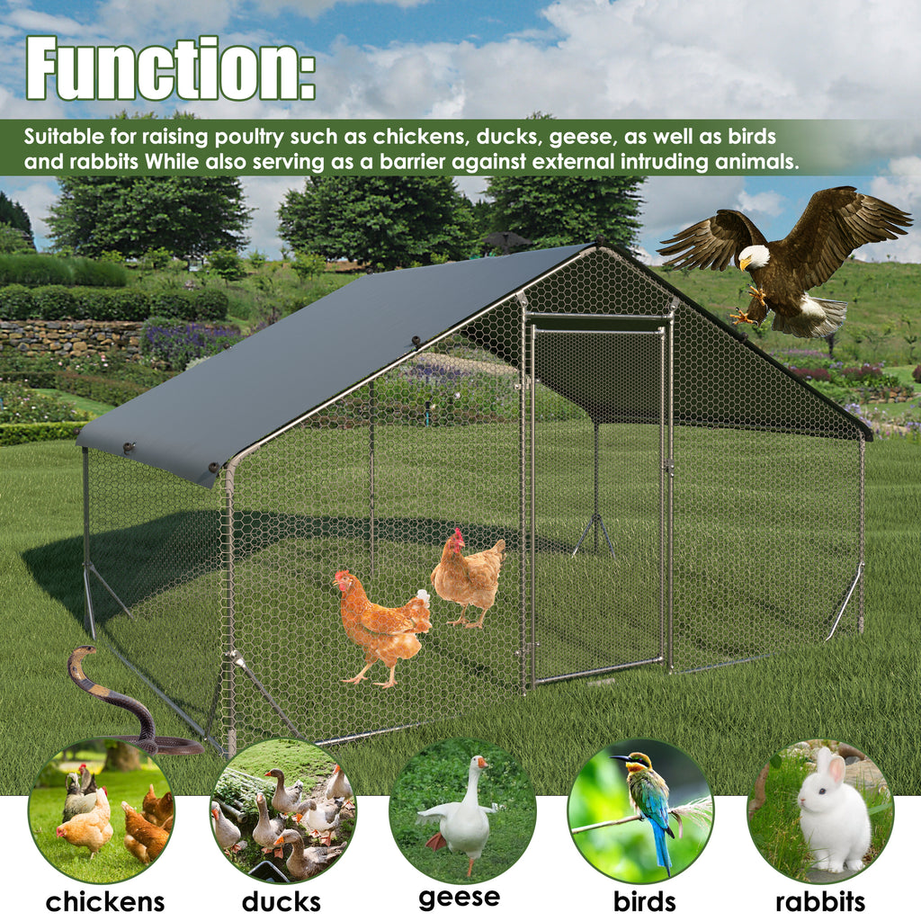 Leoglint Large metal chicken coop upgrade three support steel wire impregnated plastic net cage, Oxford cloth silver plated waterproof UV protection, duck rabbit sheep bird outdoor house 9.8'W x 6.6'L x 6.5'H