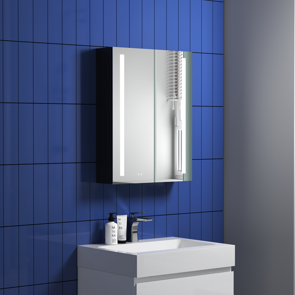 Leoglint 20" W x 26" H Modern Wall Mounted LED Frontlit Bathroom Mirror Cabinet with US standard plug, Temperature Adjustable, Memory Touch Switch, Large Storage