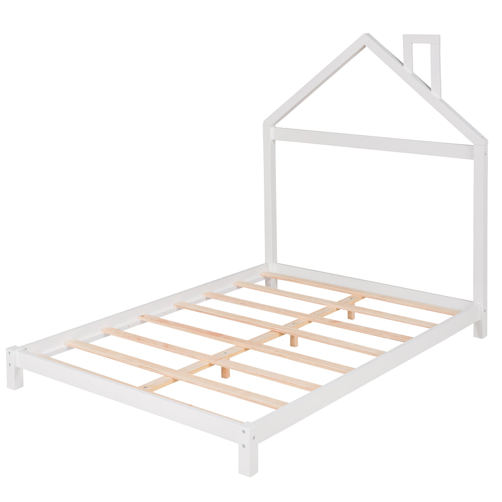 Leoglint Full Size Wood Platform Bed Frame with House-shaped Headboard  (White)