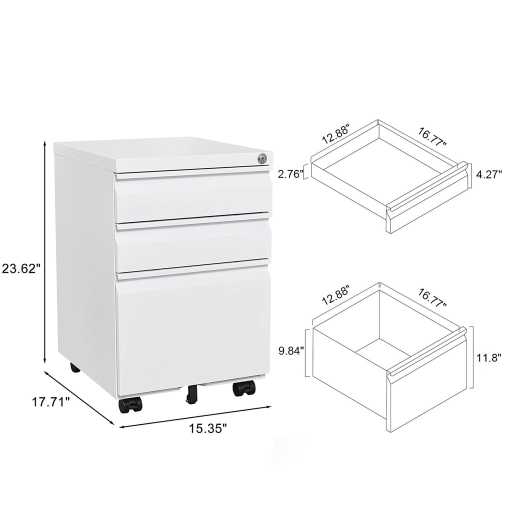 Leoglint 3-Drawer Mobile File Cabinet with Lock, Office Storage Filing Cabinet for Legal/Letter Size, Pre-Assembled Metal File Cabinet Except Wheels Under Desk(White)