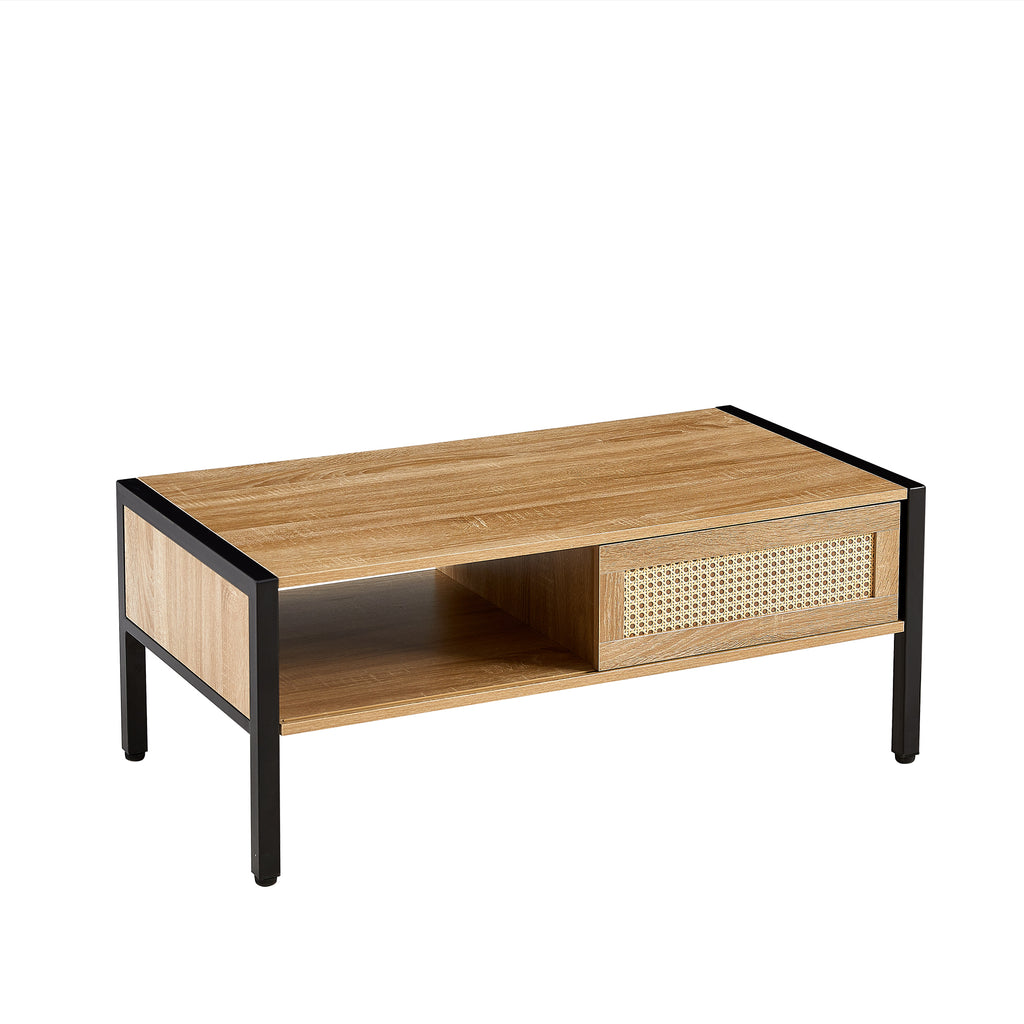 Leoglint 40.16" Rattan Coffee table, sliding door for storage, metal legs, Modern table  for living room , natural