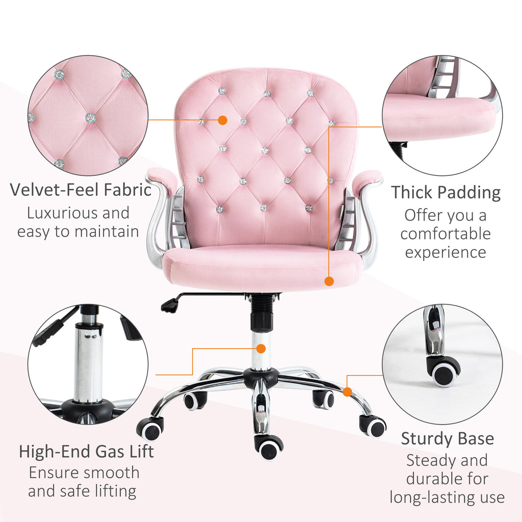 Leoglint Vinsetto Velvet Home Office Chair, Button Tufted Desk Chair with Padded Armrests, Adjustable Height and Swivel Wheels, Pink