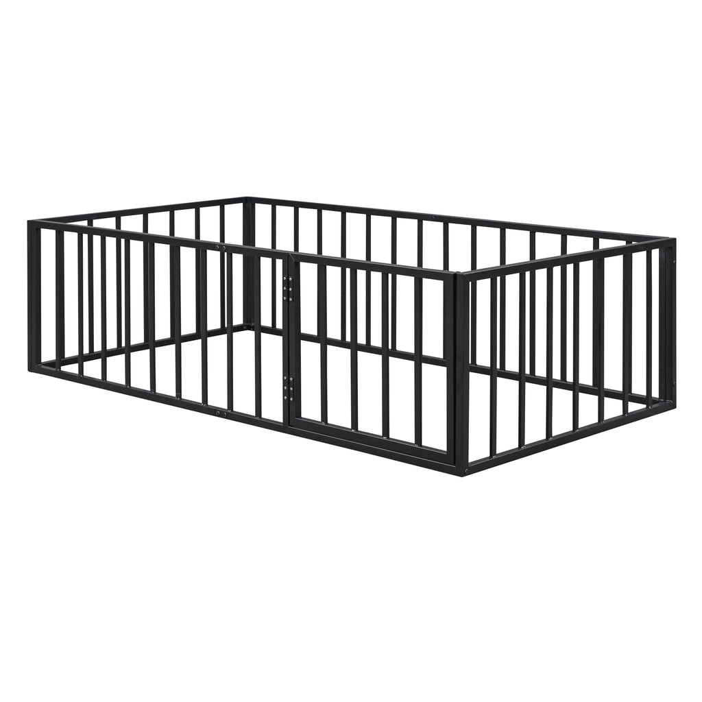 Leoglint Twin Size Metal Floor Bed Frame with Fence and Door, Black