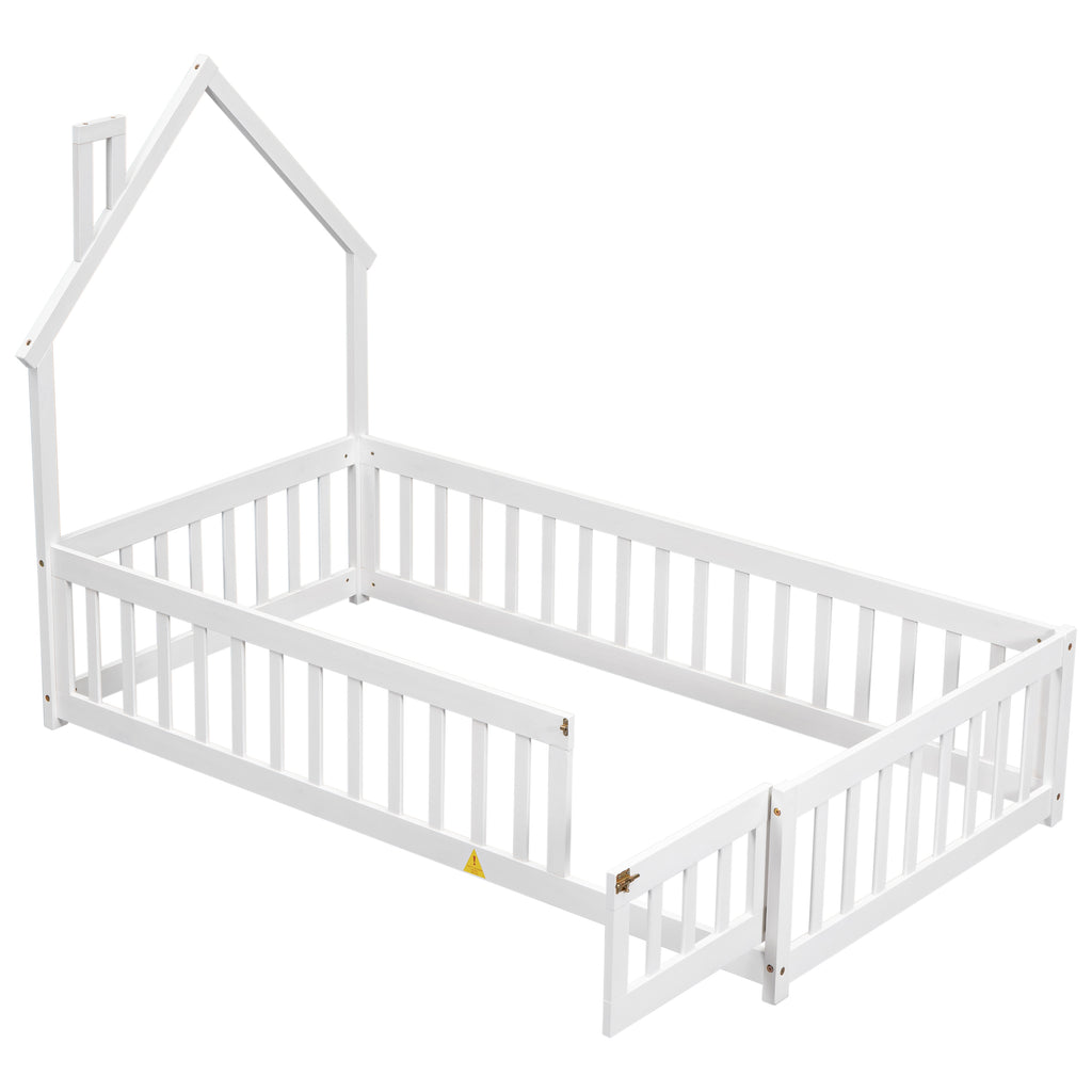 Twin House-Shaped Headboard Floor Bed Frame with Fence,White