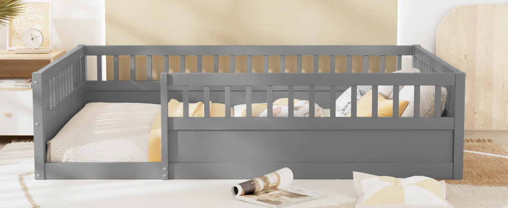 Leoglint Full Floor Bed Frame with Fence, Wood Kids Floor Beds Frame for Bedroom Playroom,Gray(Expect arrive date Jul. 10th)