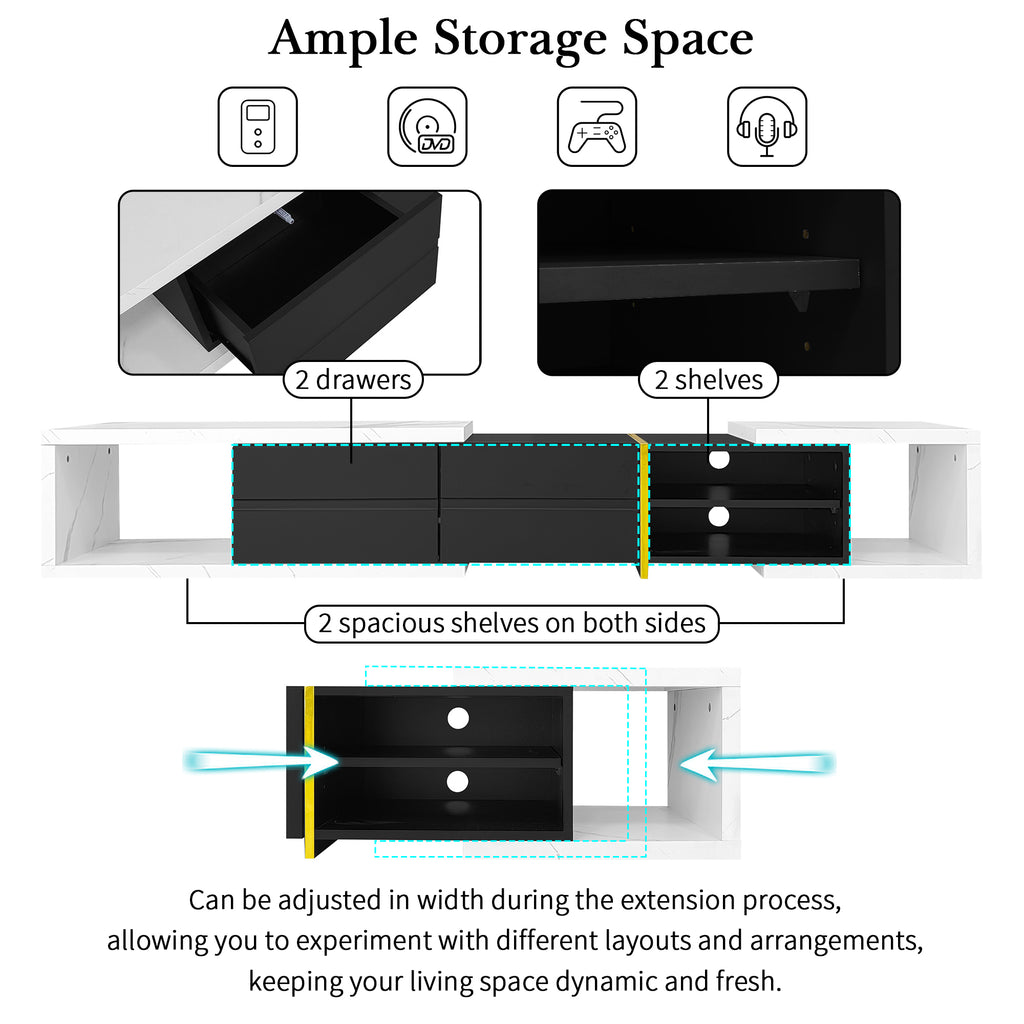 Leoglint U-Can 51''-98.4'' Modern Extendable TV Stand for TVs up to 90 Inches, Entertainment Center Media Console Corner Console with 2 Drawers and 4 Shelves for Living room, White & Black