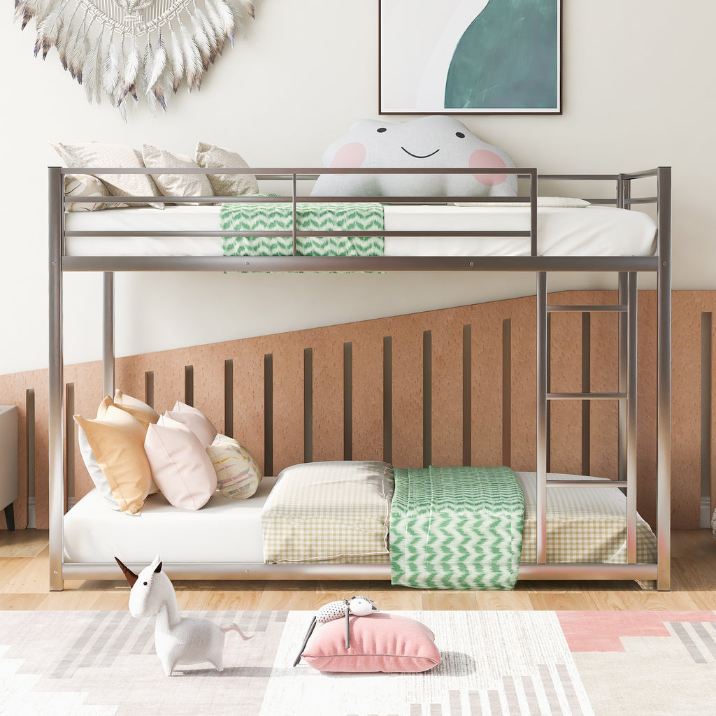 Leoglint Twin over Twin Metal Bunk Bed Frame, Low Bunk Bed with Ladder,Silver(OLD SKU:WF282465AAN)