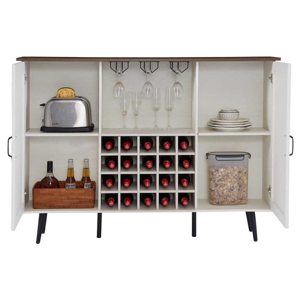 Leoglint Sideboard White Faux Rattan Barn Door Wine Cabinet with Wine Rack and Wine Glass Rack, Double Door Design with Removable Shelves, Rustic Wood Storage Cabinet