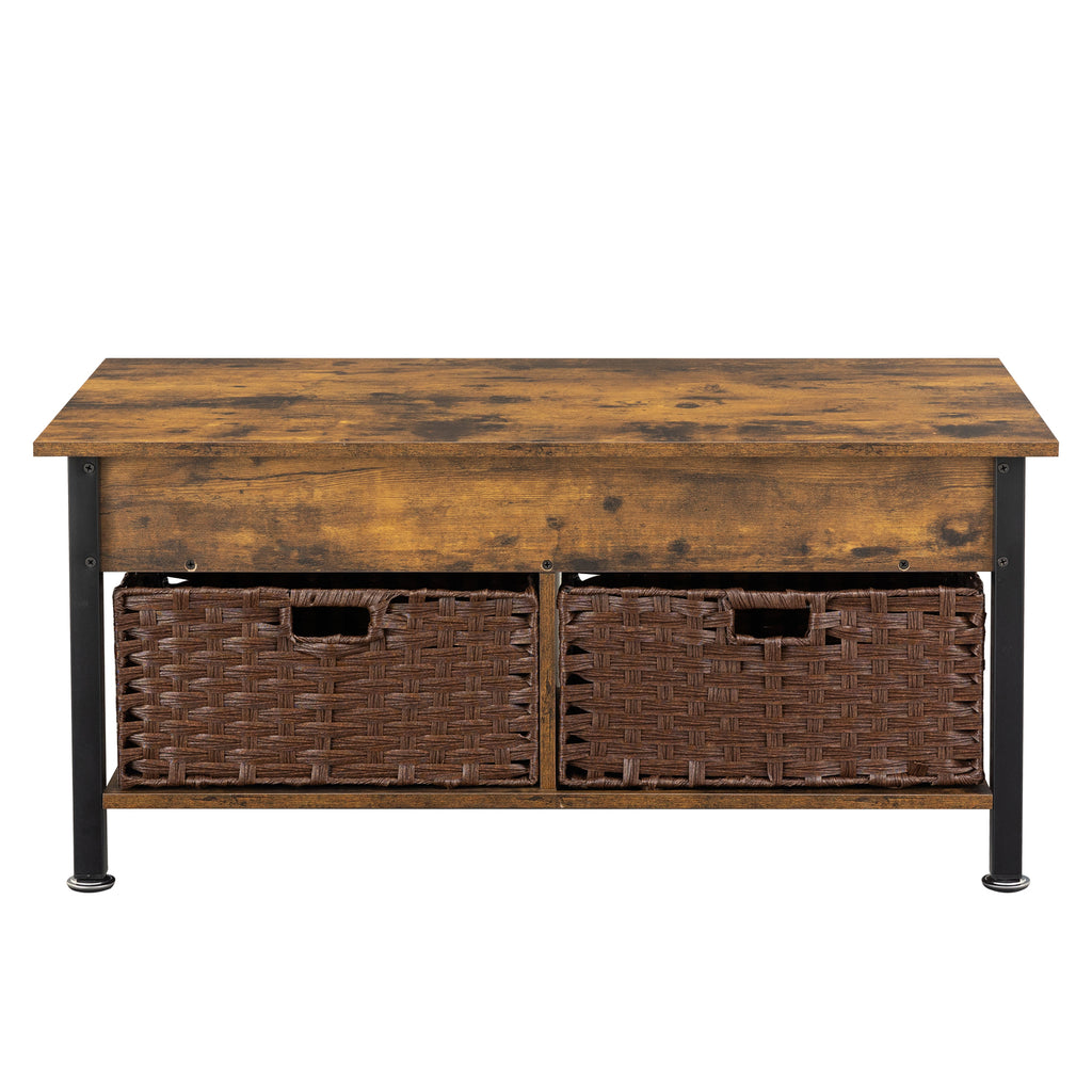 Leoglint Metal coffee table,desk,with a lifting table,and hidden storage space.There were two removable wicker baskets that could be placed in any space such as the living room,color:brown with fire wood grain