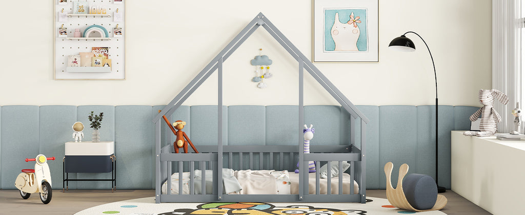 Twin Wood House-Shaped Floor Bed with Fence, Guardrails ,Grey