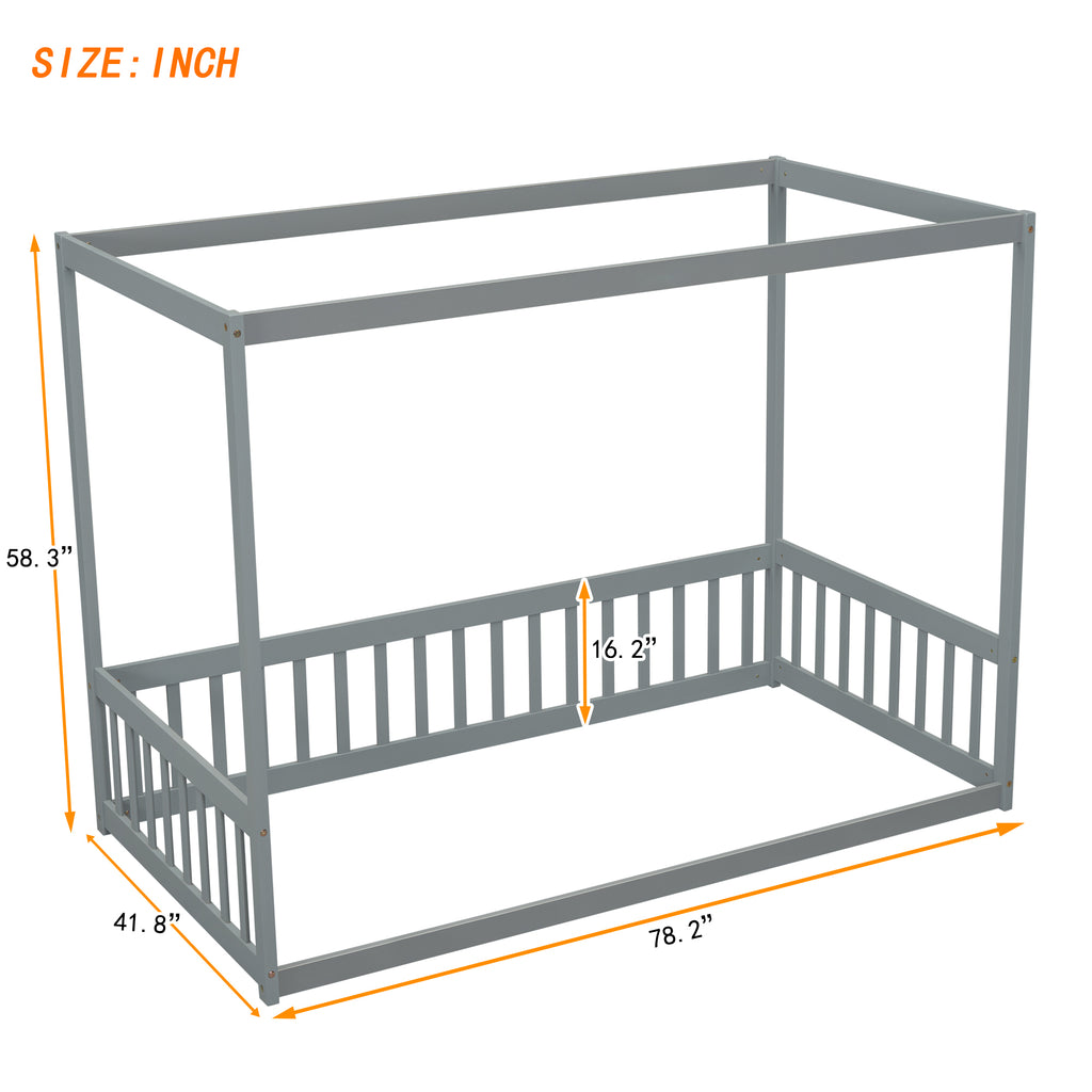 Leoglint Twin Size Canopy Frame Floor Bed Frame with Fence, Guardrails,Grey