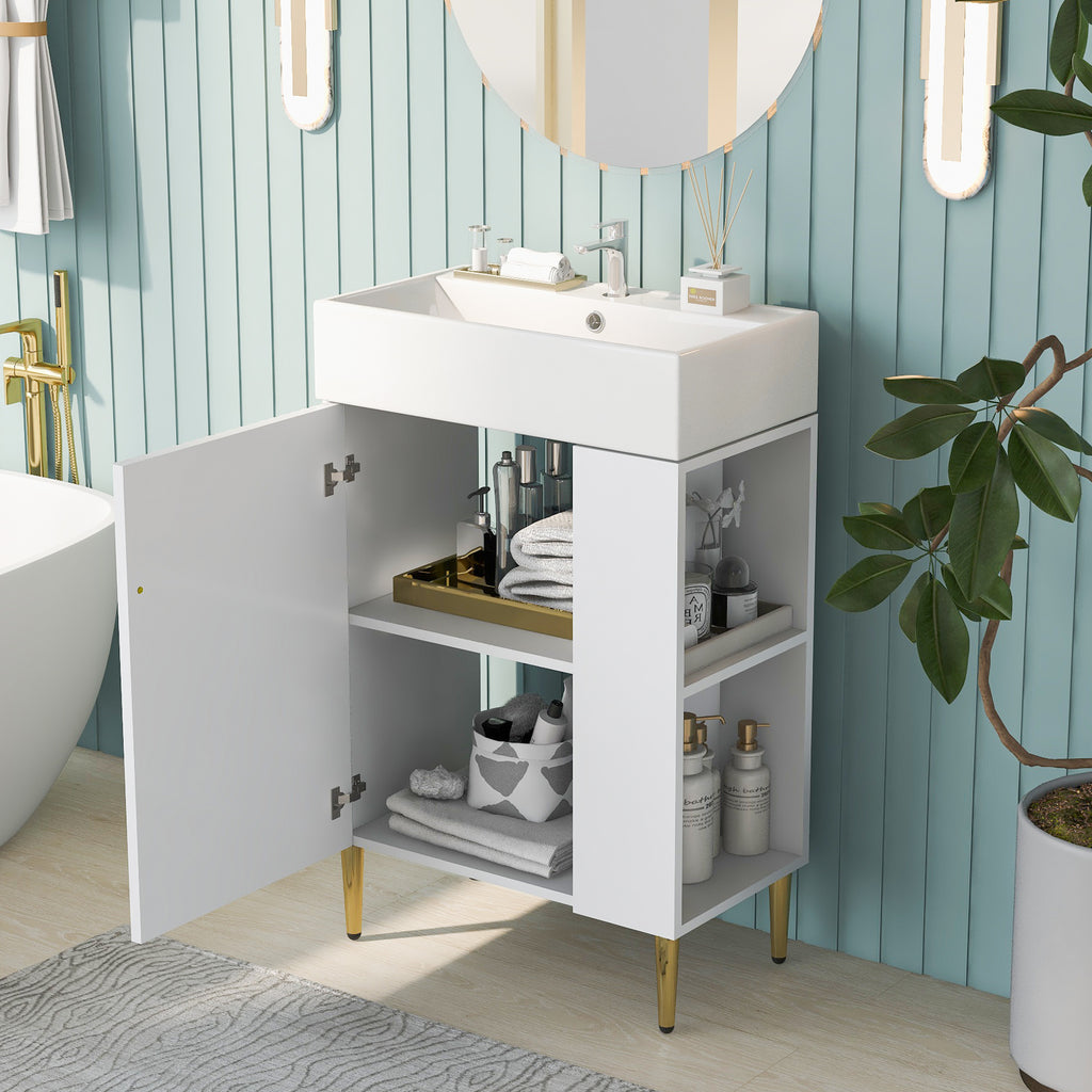 Leoglint 21.6" white Bathroom vanity, Combo Cabinet, Bathroom Storage Cabinet, Single Ceramic Sink, Right side storage