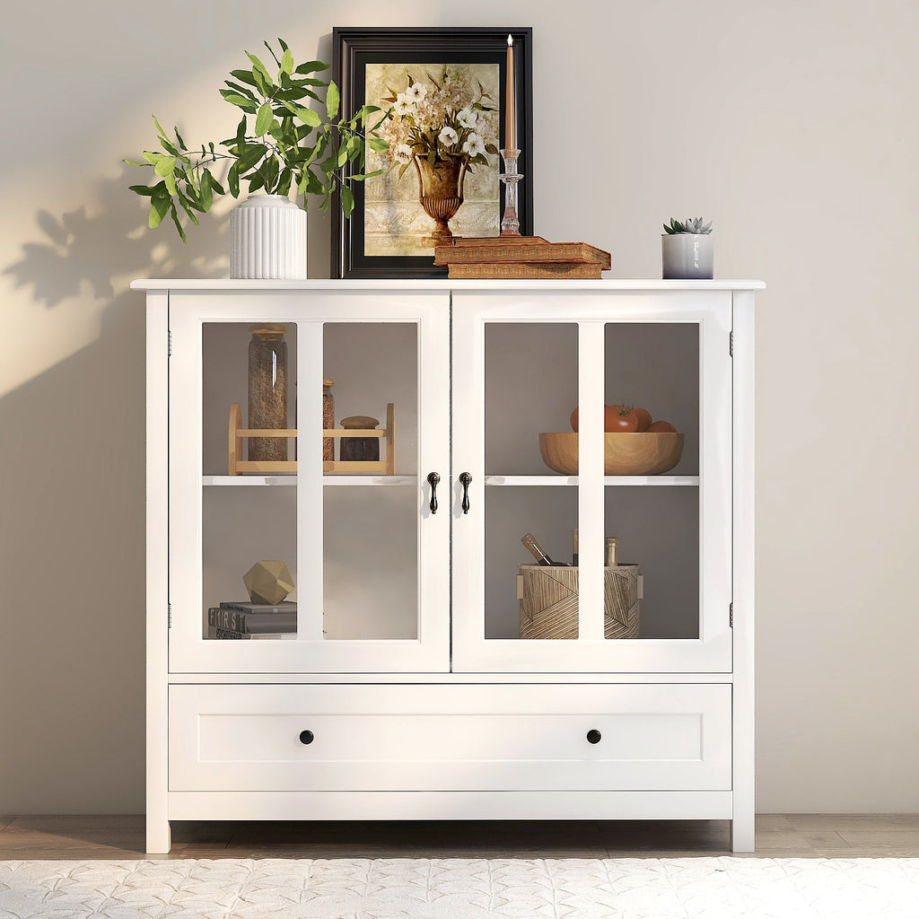 Leoglint Sideboard Buffet storage cabinet with double glass doors and unique bell handle