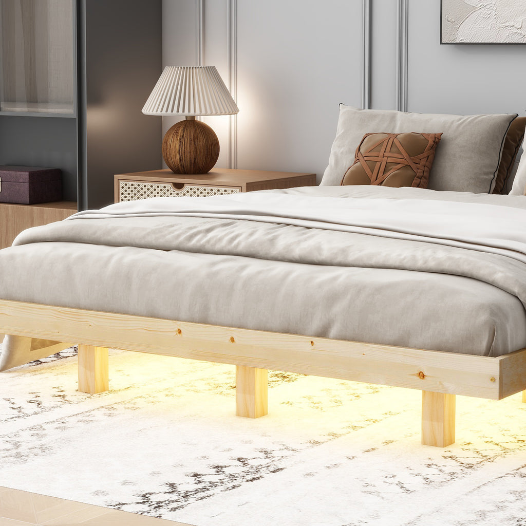 Queen Size Floating Bed Frame with LED Lights Underneath,Modern Queen Size Low Profile Platform Bed with LED Lights,Natural