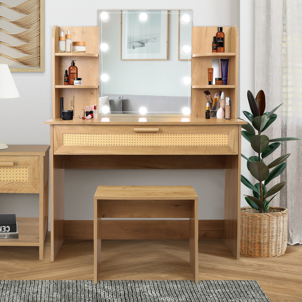 Leoglint Drawer Chest Vanity Desk Set Stool & Dressing Table with LED Lighting Mirror Drawer and Compartments Modern Wood Cosmetic Table Chest of Drawers Nature Color