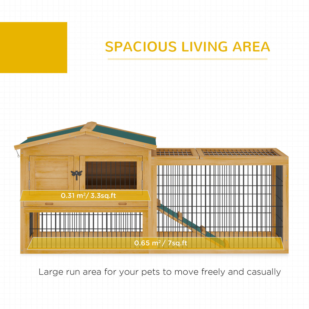 Leoglint 2 Levels Outdoor Rabbit Hutch with Openable Top, 59" Wooden Large Rabbit Cage with Run Weatherproof Roof, Removable Tray, Ramp, Yellow