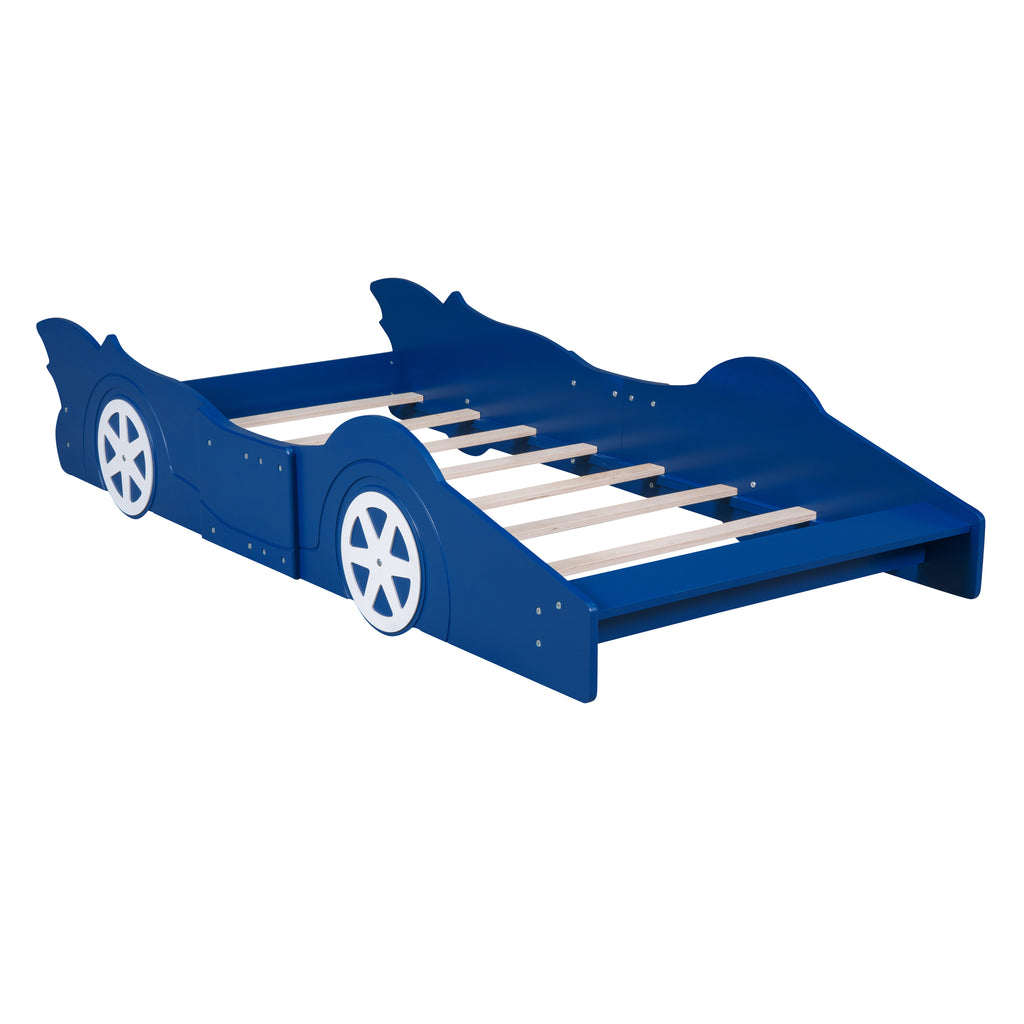 Leoglint Twin Size Race Car-Shaped Platform Bed Frame with Wheels,Blue