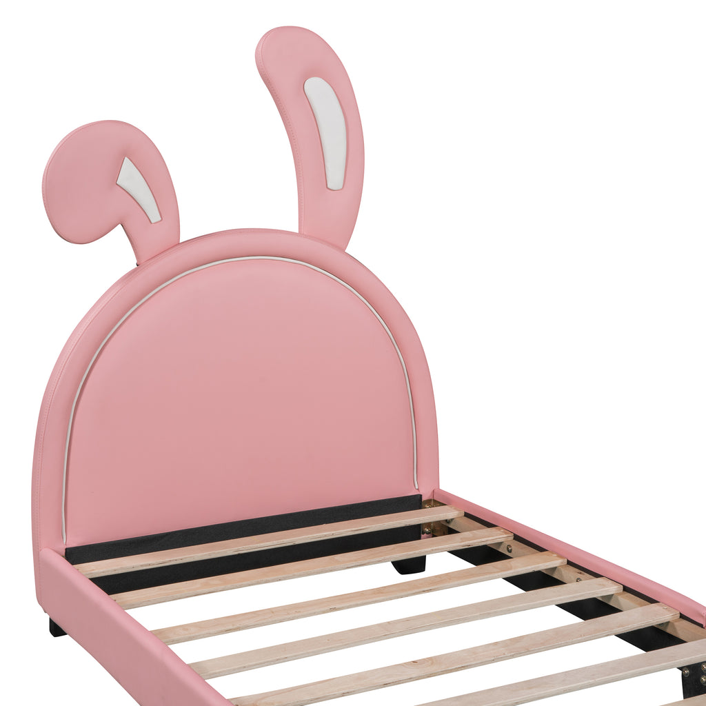 Leoglint Twin Size Upholstered Leather Platform Bed Frame with Rabbit Ornament, Pink