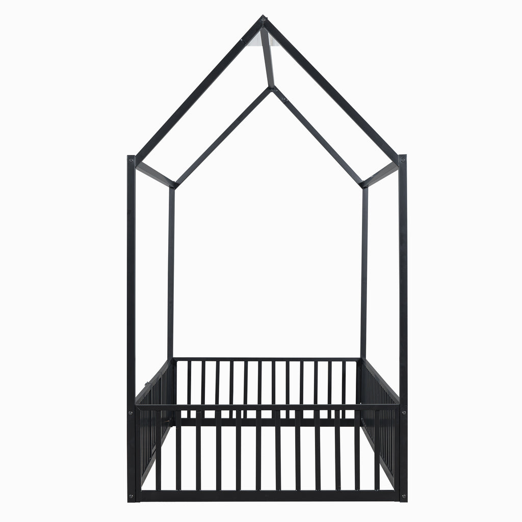 Leoglint Twin Size Metal House Bed Frame with Fence and Door, Black