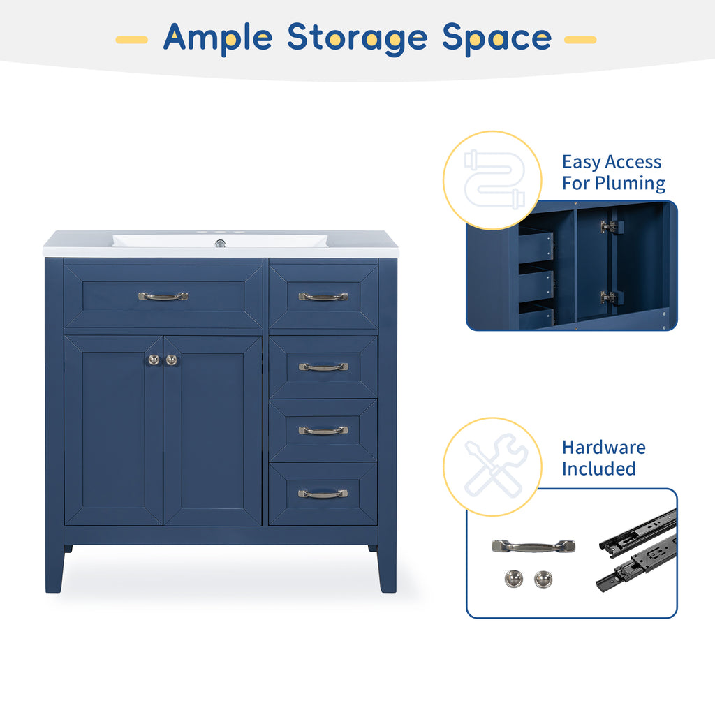 Leoglint 36" Bathroom Vanity without Sink, Cabinet Base Only, Bathroom Cabinet with Drawers, Solid Frame and MDF Board, Blue