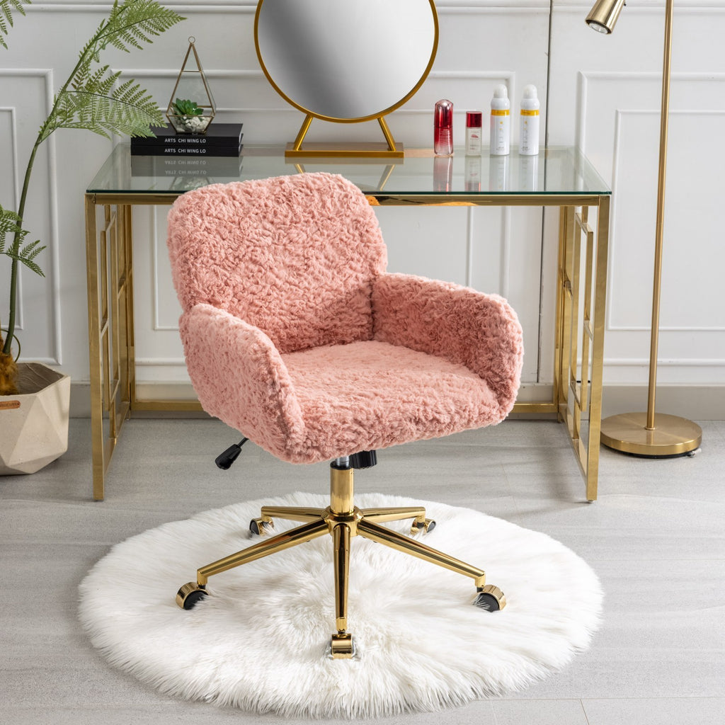 Leoglint A&A Furniture Office Chair,Artificial rabbit hair Home Office Chair with Golden Metal Base,Adjustable Desk Chair Swivel Office Chair,Vanity Chair(Pink)