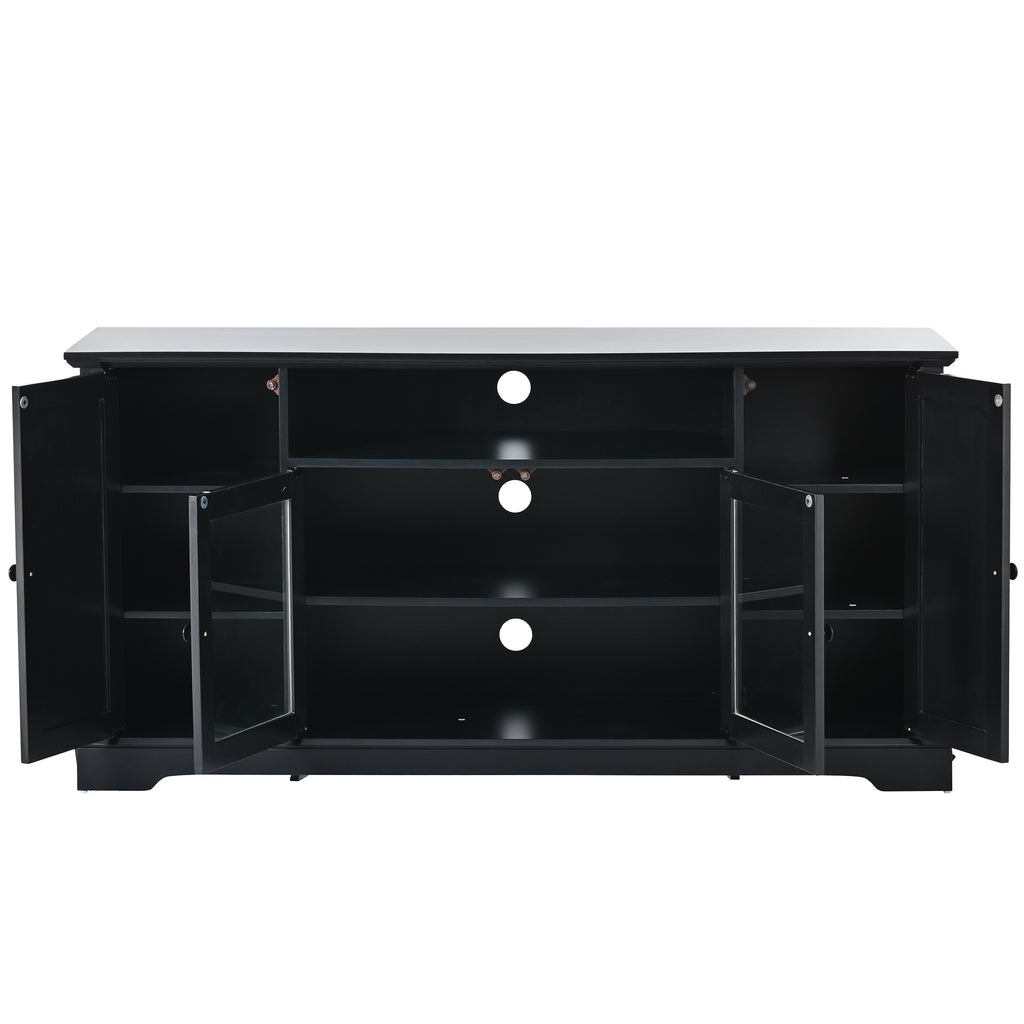 Leoglint U-Can TV Stand for TV up to 65in with 2 Tempered Glass Doors Adjustable Panels Open Style Cabinet, Sideboard for Living room, Black