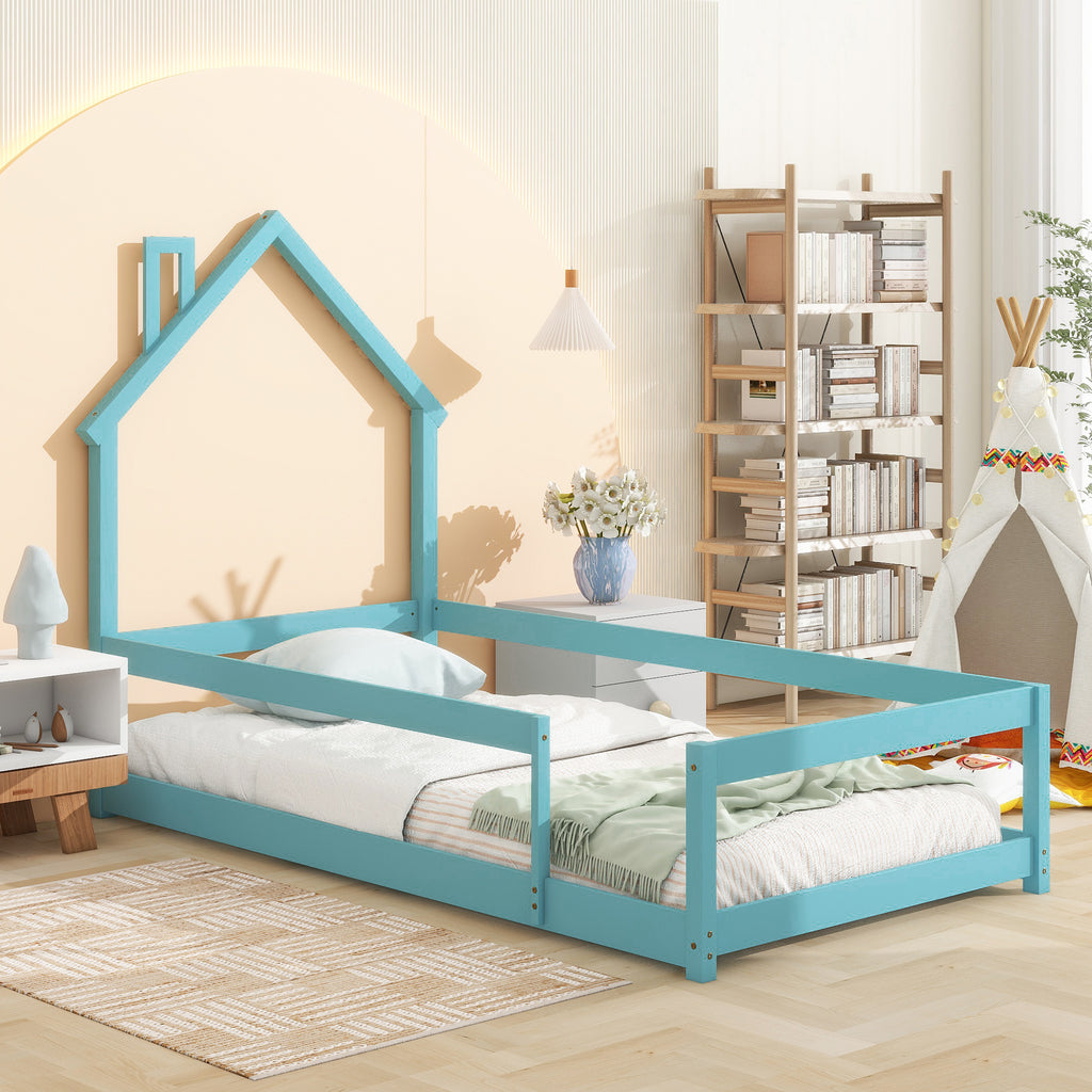 Leoglint Twin Size Wood bed Frame with House-shaped Headboard Floor bed with Fences,Light Blue