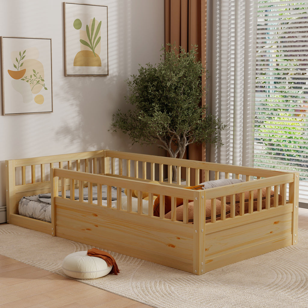 Twin Floor Bed Frame with Fence, Wood Kids Floor Beds Frame for Bedroom Playroom,Natural(Expect arrive date Jun. 21st)