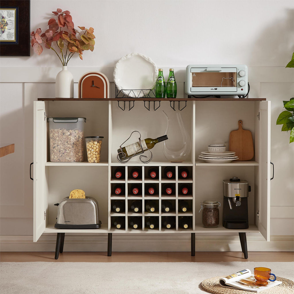 Leoglint Sideboard White Faux Rattan Barn Door Wine Cabinet with Wine Rack and Wine Glass Rack, Double Door Design with Removable Shelves, Rustic Wood Storage Cabinet