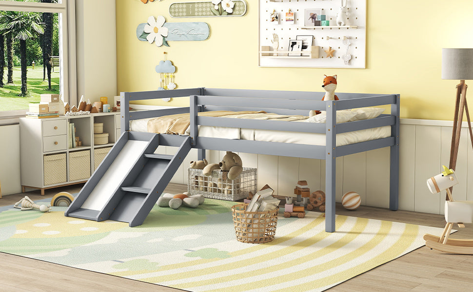 Twin Low Loft Bed Frame with Slide,  Ladder, Safety Guardrails, No Box Spring Needed,Grey