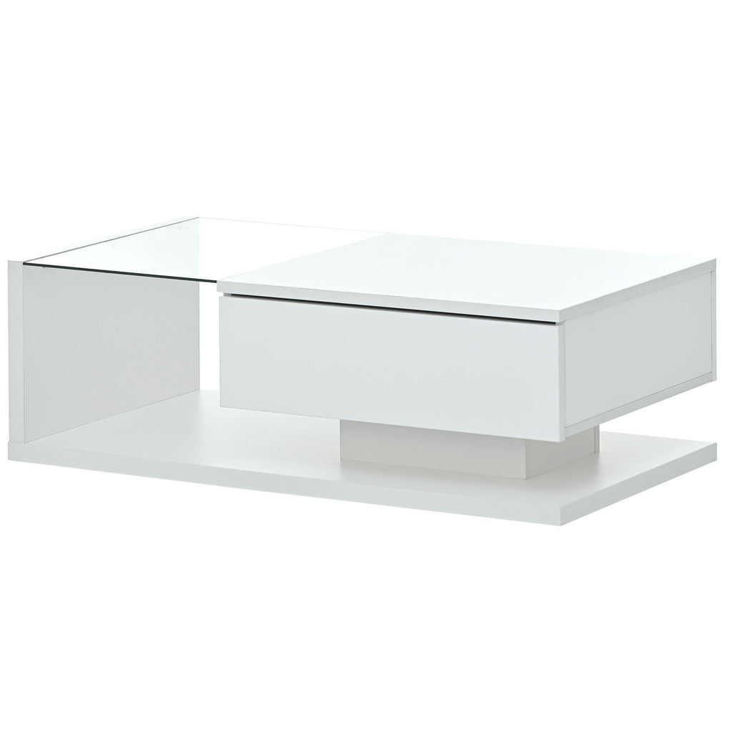 Leoglint [VIDEO provided] ON-TREND Modern Coffee Table with Tempered Glass, Wooden Cocktail Table with High-gloss UV Surface, Modernist 2-Tier Rectangle Center Table for Living Room, White