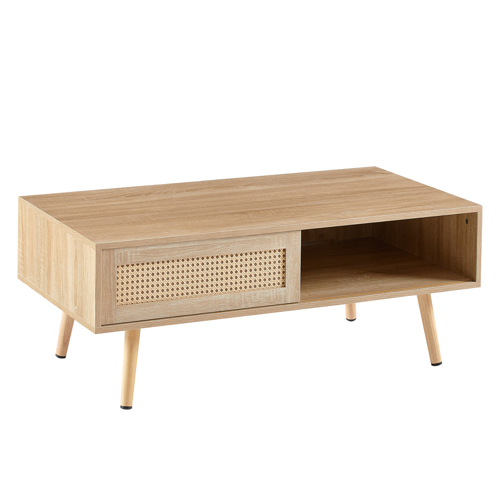 Leoglint 41.34" Rattan Coffee table, sliding door for storage, solid wood legs, Modern table  for living room , natural