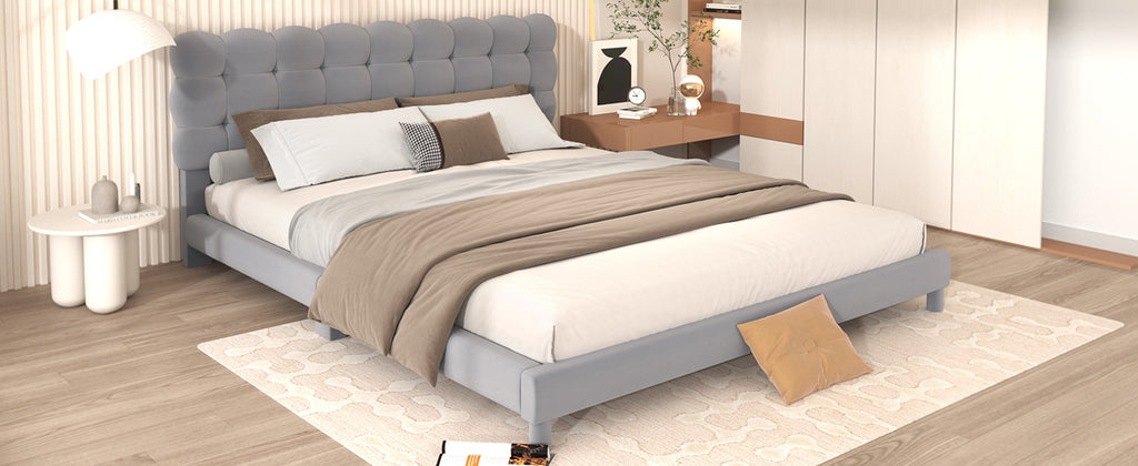 Queen Size Upholstered Platform Bed Frame with Soft Headboard,Gray