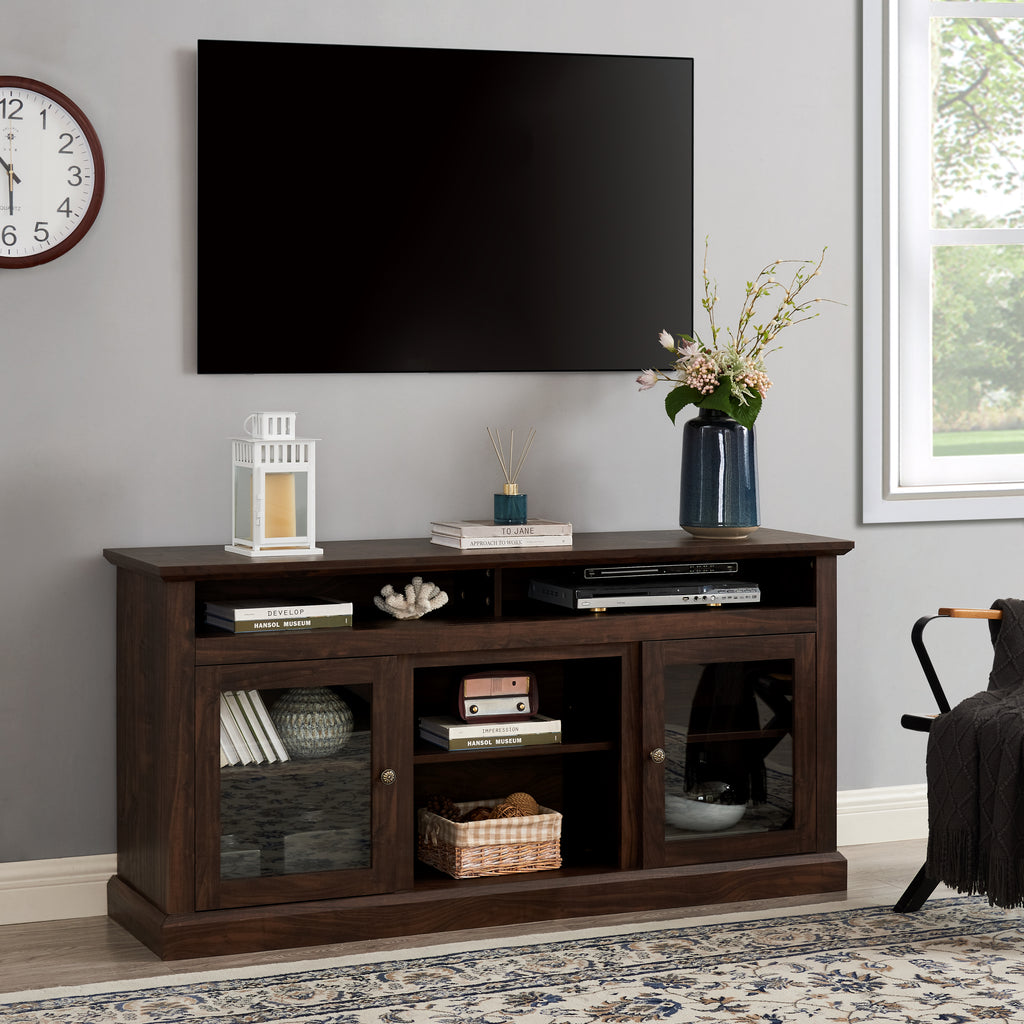 Leoglint Contemporary TV Stand Modern Entertainment Console for TV Up to 65" with Open and Closed Storage Space, Brown, 60"W*15.75"D*29"H