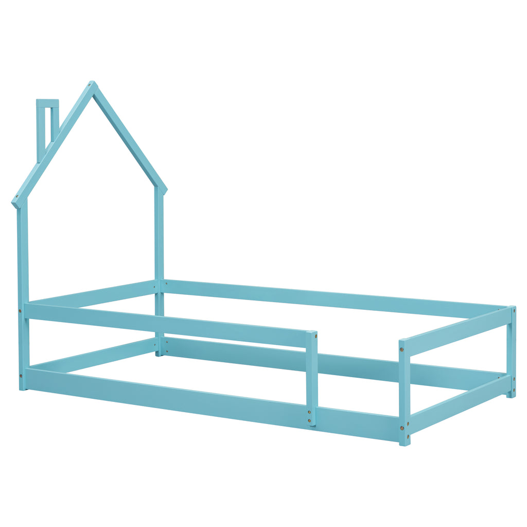 Leoglint Twin Size Wood bed Frame with House-shaped Headboard Floor bed with Fences,Light Blue