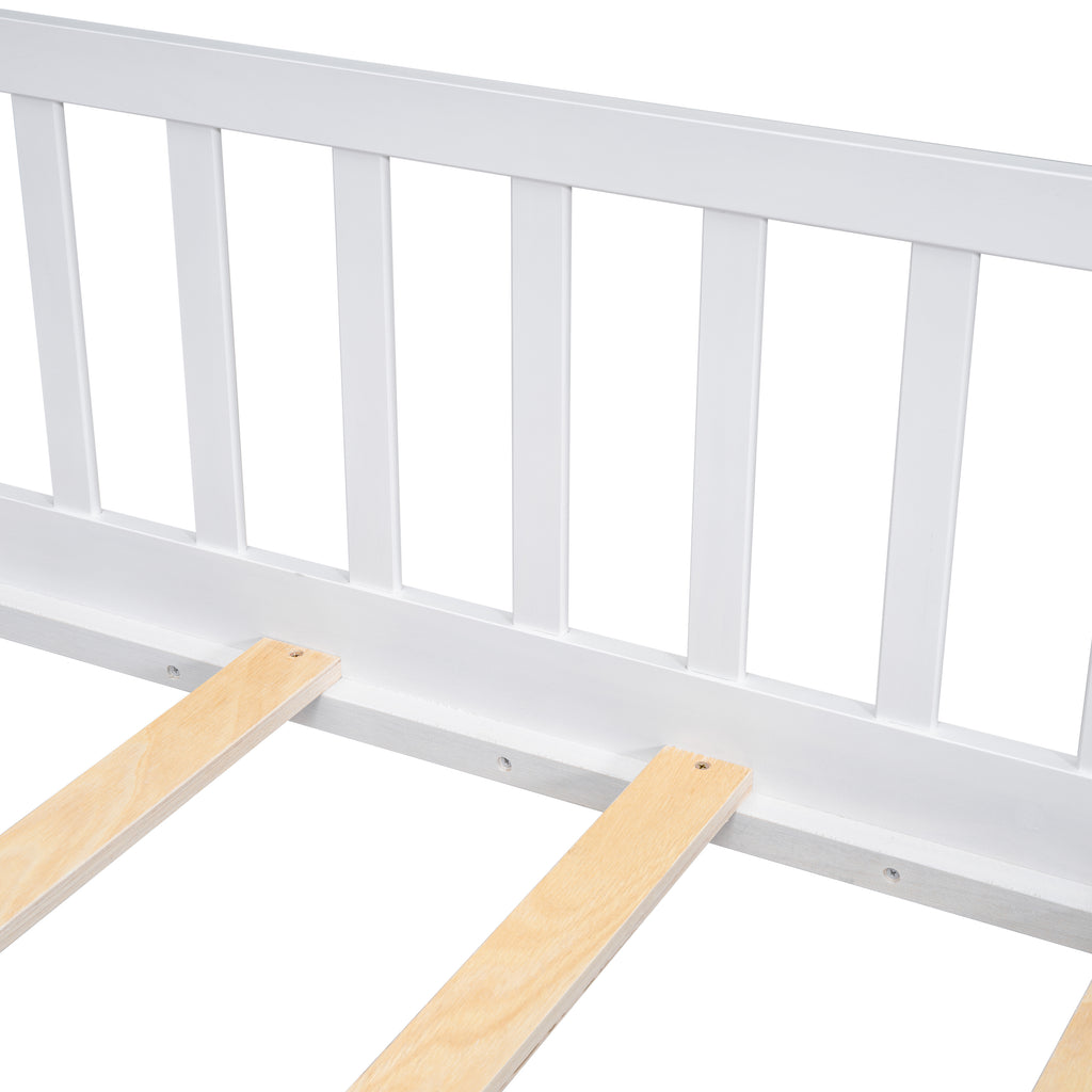 Twin House-Shaped Bedside Floor Bed Frame with Guardrails, Slats, with Door,White