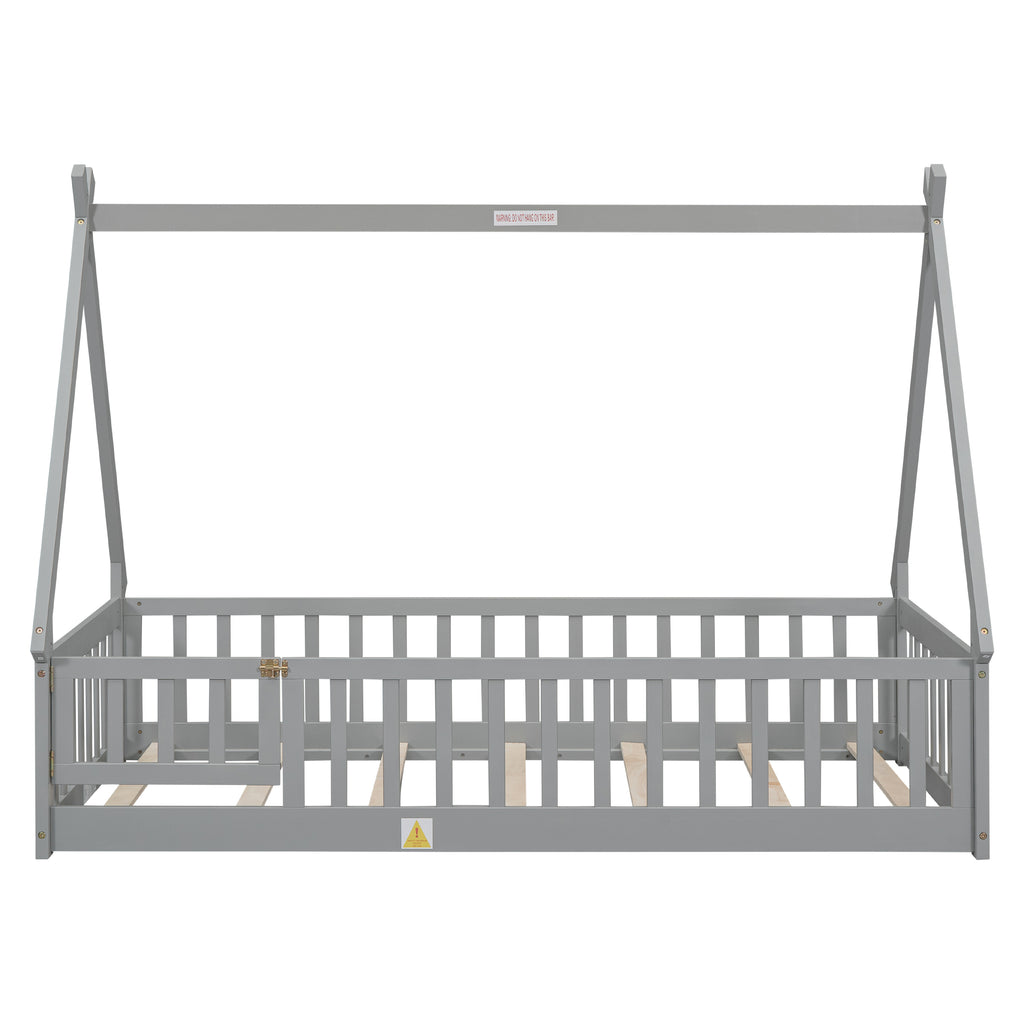 Leoglint Twin Tent-shaped Floor Bed Frame, with Guardrails, Slats, Door ,Grey