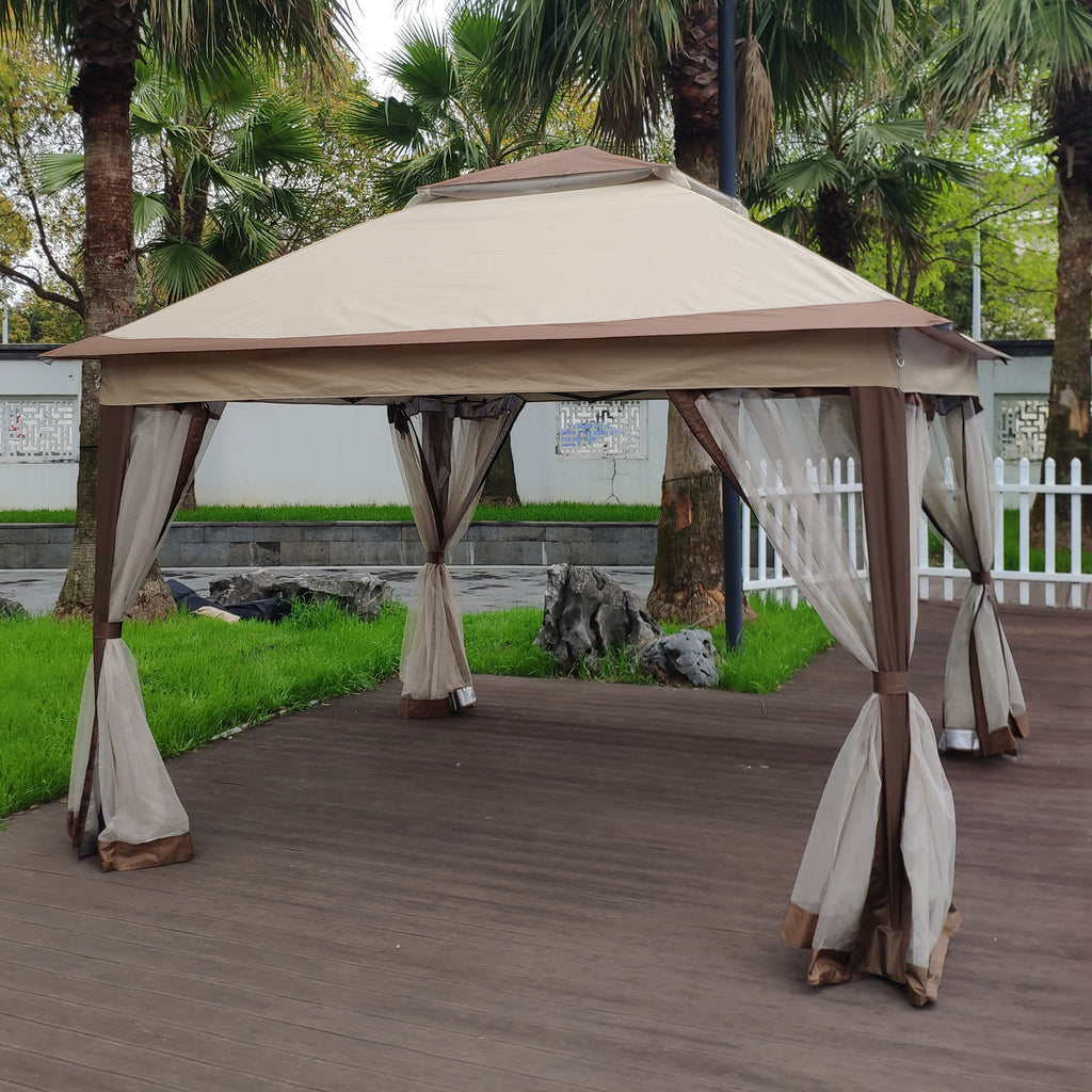 Leoglint Outdoor Umbrella 11x 11Ft Pop Up Gazebo Canopy With Removable Zipper Netting,2-Tier Soft Top Event Tent,Suitable For Patio Backyard Garden Camping Area,Coffee